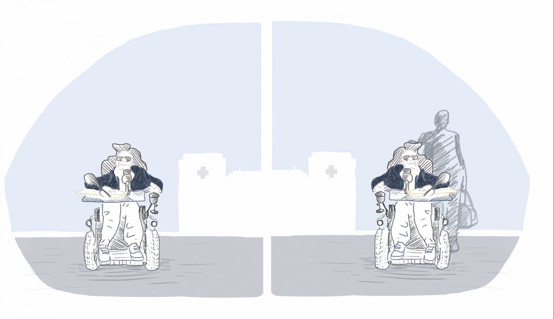 Illustartion einer Rollstuhlfahrers im Vergleich mit einem Rollstuhl-Fahrer und Assistent