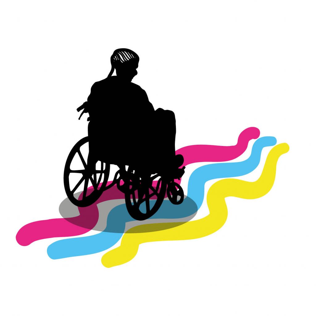 Grafik Frau im Rollstuhl auf bunten Wellen